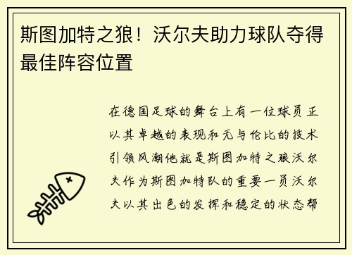 斯图加特之狼！沃尔夫助力球队夺得最佳阵容位置